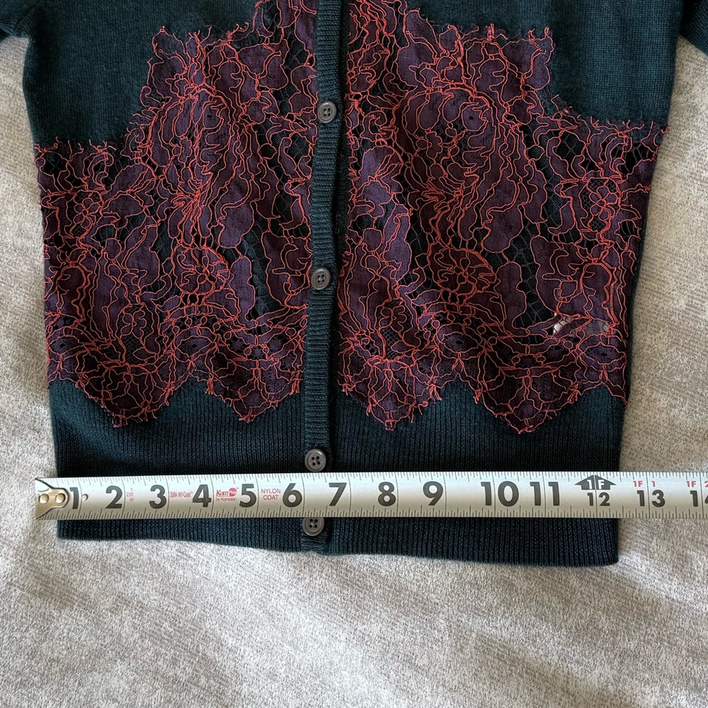 Carven Wool Cardigan Lace Panel Green Short Sleeve S - Picture 11 of 12